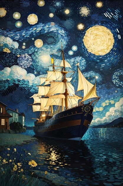 Photo landscape of a pirate ship in the sea at night van gogh style