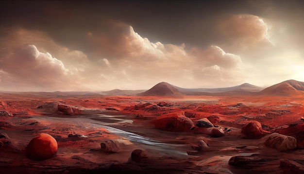 Photo landscape on the planet mars surface is a picturesque desert on red planet background of space game cover poster with red earth mountains stars 3d artwork