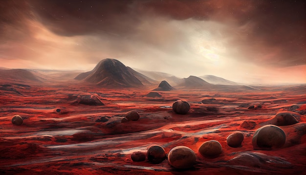 Landscape on the planet Mars surface is a picturesque desert on red planet Background of space game cover poster with red earth mountains stars 3d artwork
