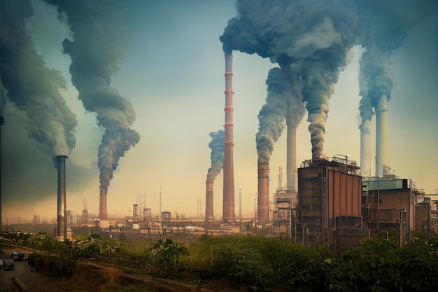 Landscape of pollution in City, Polluted Factory over Smog in the Air and Nature