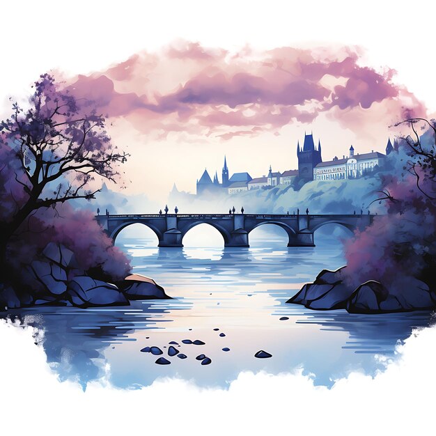 Landscape of Prague Text With Gothic Inspired Typography Design in Center Clipart Watercolor Art