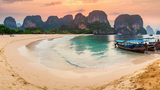 Landscape of railay beach at sunrise in krabi thailand