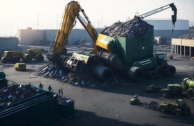 A landscape recycling center with bustling activity and a garbage truck in waste recycling station