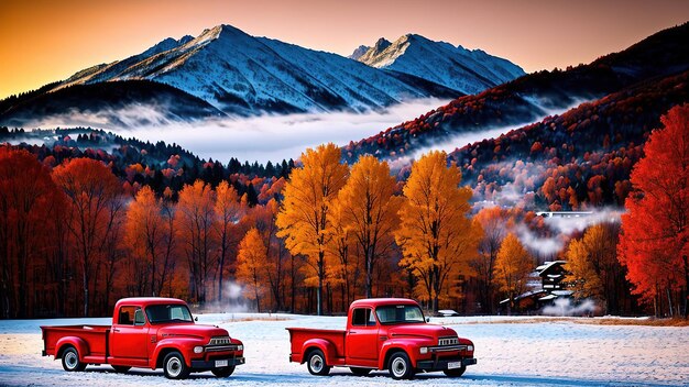 Landscape of a red pickup truck in the background of a picturesque village in the mountains