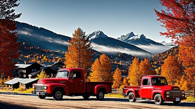 Landscape of a red pickup truck in the background of a picturesque village in the mountains