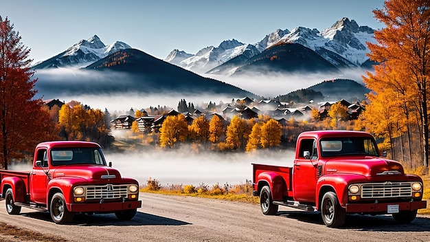 Landscape of a red pickup truck in the background of a picturesque village in the mountains