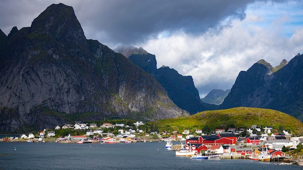 landscape of reine town on the lofoten islands in norway, small harbour town surrounded by mountains