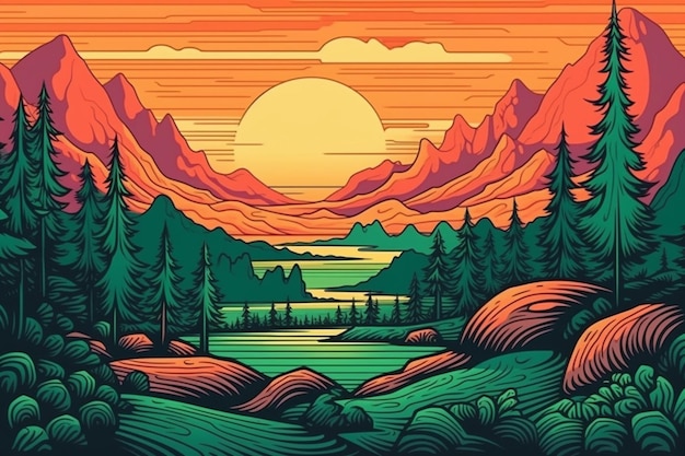 landscape retro poster line art vivid colors