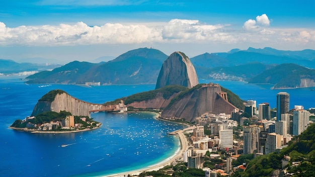 Landscape of rio de janeiro surrounded by the sea under a blue sky in brazil