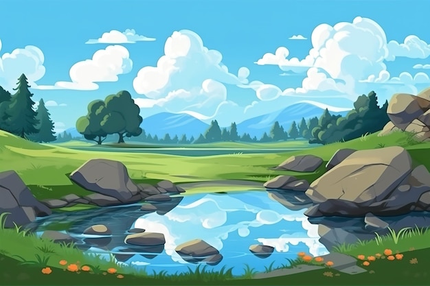 Landscape river bank mountains beautiful scenery background Vector trees and bushes in the forest