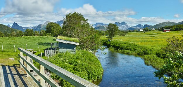 丘と山の間の川の風景ノルウェーの青い空と川岸の緑の葉明るい曇りの地平線に対して活気に満ちた荒野の近くの穏やかな水平和な自然のシーン