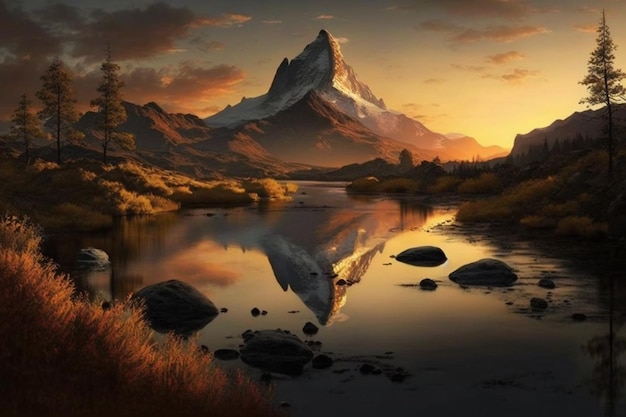 landscape of the river at the mountain in sunset