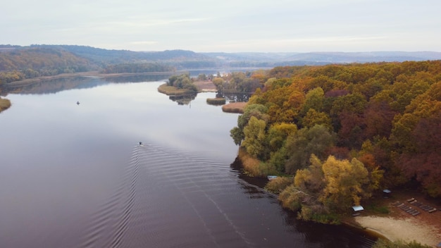 Landscape river near the hills. autumn. Aerial view.