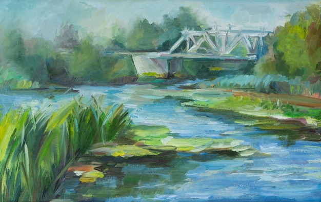 風景川の油絵冷たい灰色の青い光の中で鉄道橋のある美しい風景