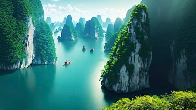 A landscape of rocks and boats in halong bay