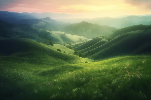 Landscape of rolling hills in the mountains at sunset Nature background