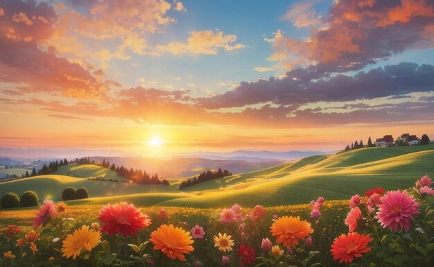 Landscape of rolling hills and vibrant flowers