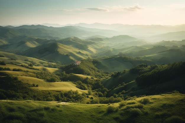 A landscape of rolling hills with a small house in the distance.