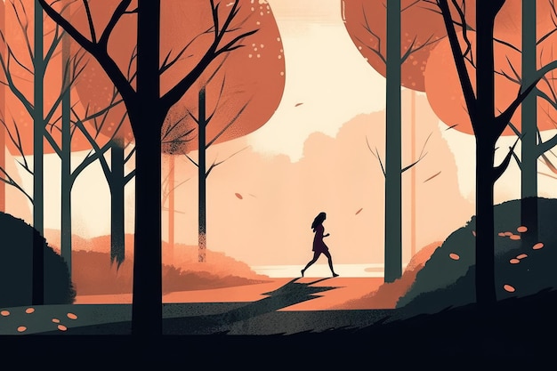 Landscape of running woman and tree depicted in a minimalist illustration Soft and muted colors