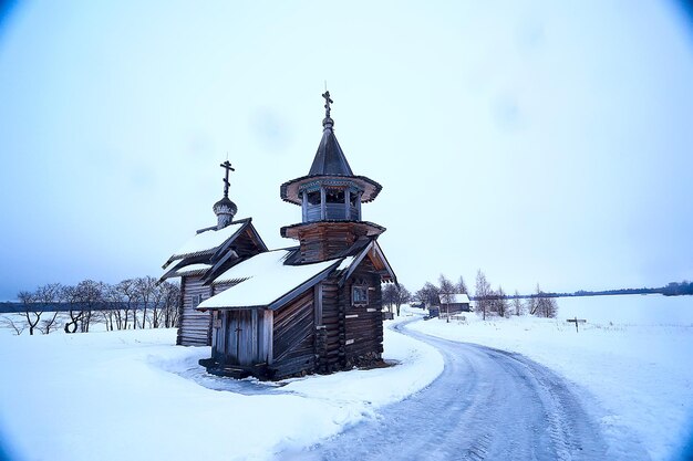 landscape in russian kizhi church winter view / winter season snowfall in landscape with church architecture