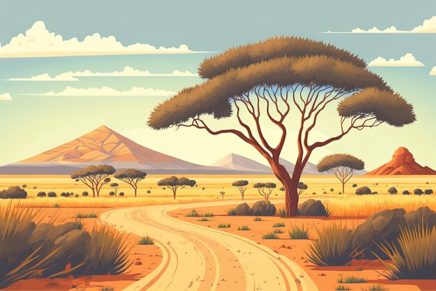 landscape of a savannah with an acacia tree grass plants a road and distant mountains