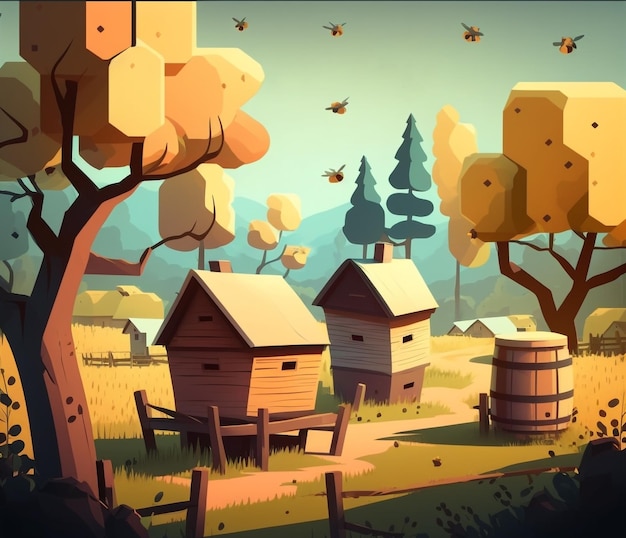 Landscape scenary beehives in the forest and trees cartoon illustrationGenerative AI