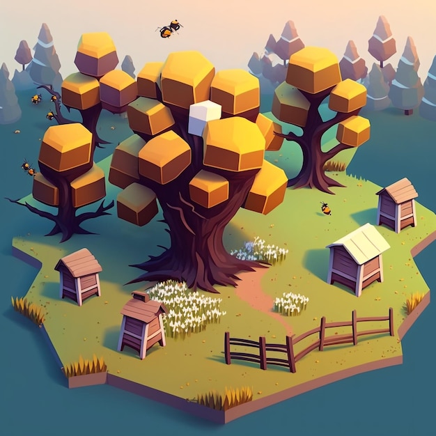 Landscape scenary beehives in the forest and trees cartoon illustrationGenerative AI