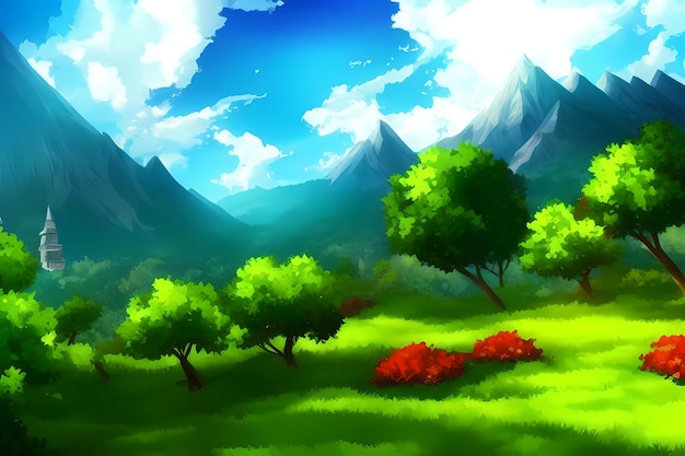 美しい緑の山々 牧草地の木と風景シーン デジタル絵画イラスト