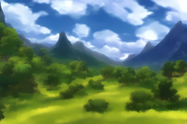 Landscape scene digital painting illustration with beautiful greenery mountains meadows trees