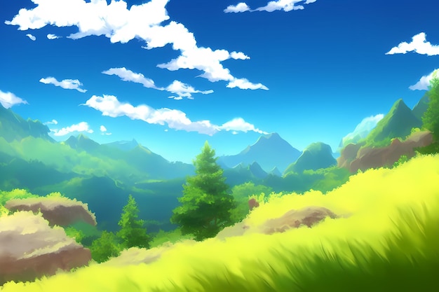 Illustrazione della pittura digitale di scena del paesaggio con gli alberi dei prati delle montagne belle della vegetazione