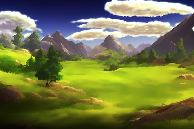 Landscape scene digital painting illustration with beautiful greenery mountains meadows trees