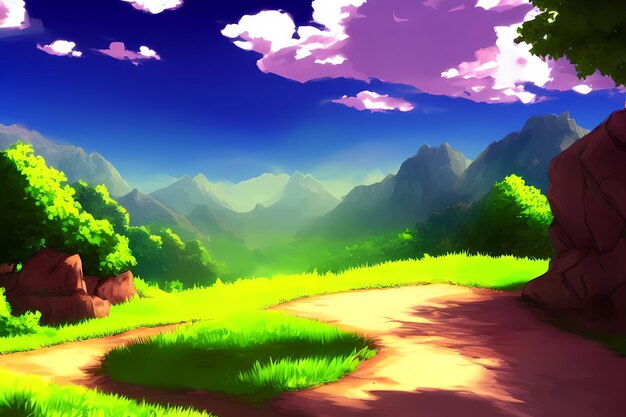 Landscape scene digital painting illustration with beautiful greenery mountains meadows trees