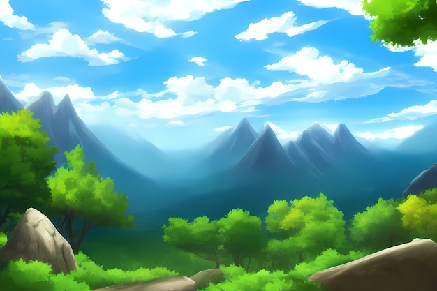 Landscape scene digital painting illustration with beautiful greenery, mountains, meadows, trees