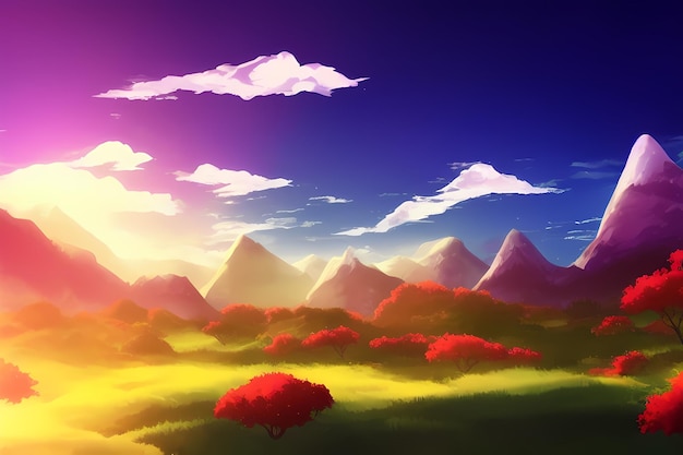 Landscape scene digital painting illustration with beautiful greenery, mountains, meadows, trees