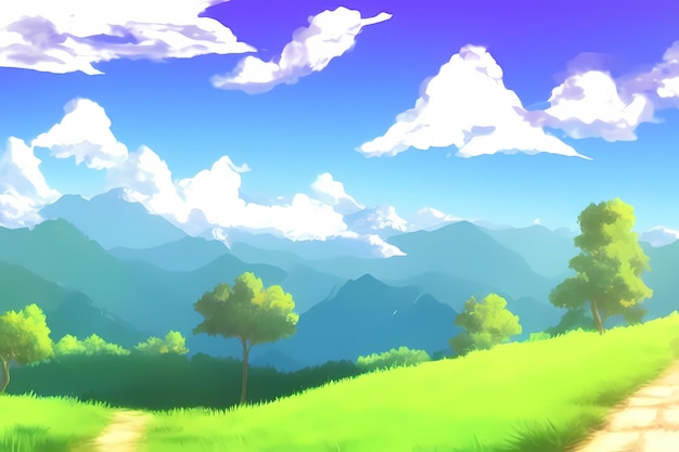 緑のある風景シーン イラスト デジタル絵画 山 丘 牧草地 青い空