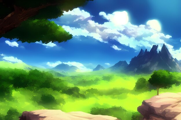 Landscape scene illustration digital painting with greenery mountains hills meadows blue skies