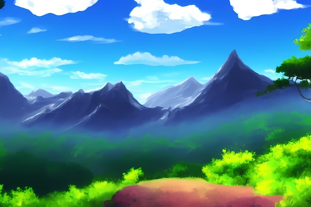 Landscape scene illustration digital painting with greenery mountains hills meadows blue skies