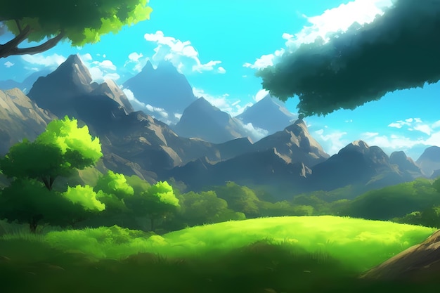 Landscape scene illustration digital painting with greenery mountains hills meadows blue skies