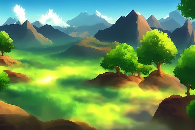 Landscape scene illustration digital painting with greenery mountains hills meadows blue skies