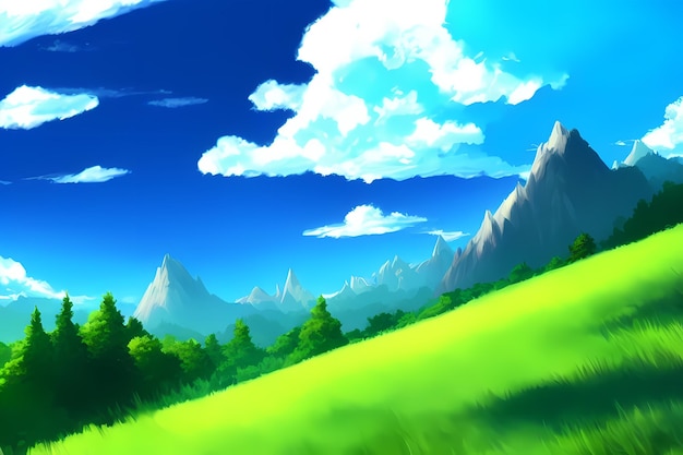 Landscape scene illustration digital painting with greenery mountains hills meadows blue skies