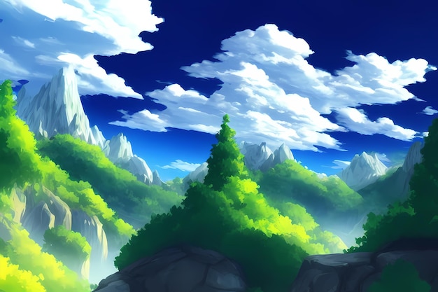 Landscape scene illustration digital painting with greenery mountains hills meadows blue skies