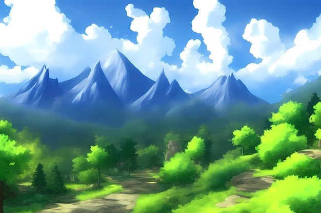 Landscape scene illustration digital painting with greenery mountains hills meadows blue skies