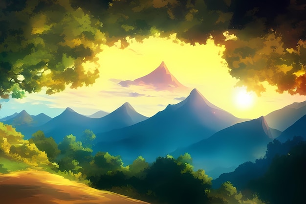 Landscape scene illustration digital painting with greenery mountains hills meadows blue skies