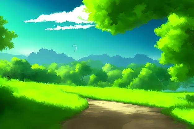 Пейзажная сцена иллюстрация цифровая живопись с зеленью горы холмы луга голубое небо