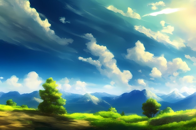Landscape scene illustration digital painting with greenery mountains hills meadows blue skies