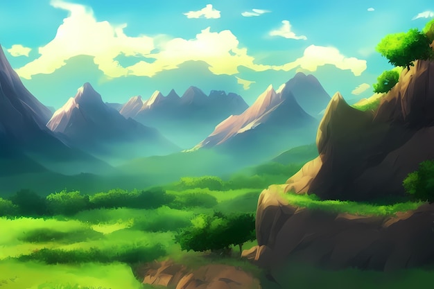 Landscape scene illustration digital painting with greenery mountains hills meadows blue skies