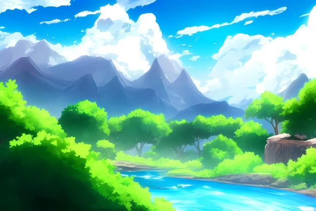 Landscape scene illustration digital painting with greenery mountains hills meadows blue skies