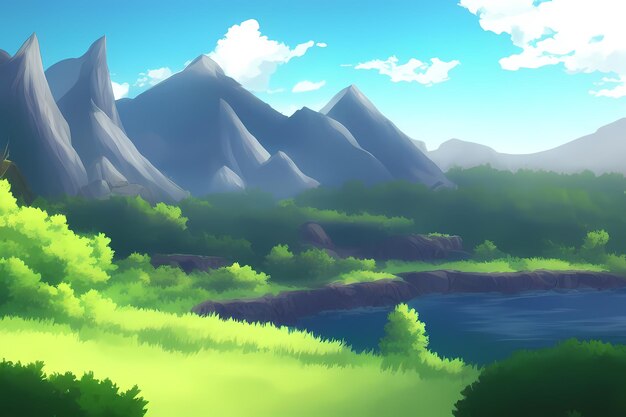 Landscape scene illustration digital painting with greenery mountains hills meadows blue skies