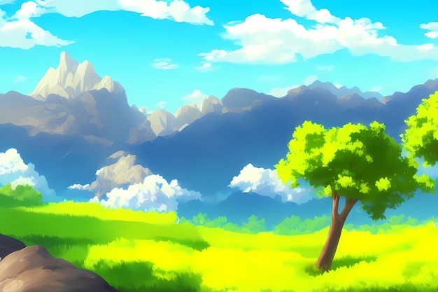 Landscape scene illustration digital painting with greenery mountains hills meadows blue skies