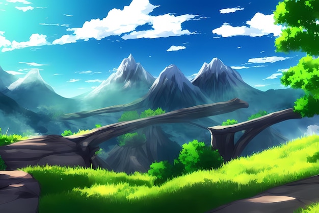 Landscape scene illustration digital painting with greenery mountains hills meadows blue skies